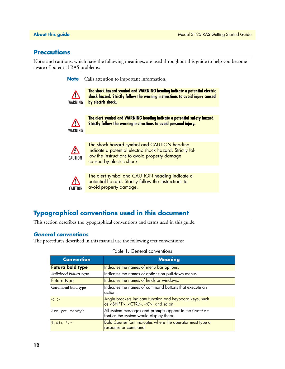 Patton electronic 3125 manual Precautions, Typographical conventions used in this document, General conventions 