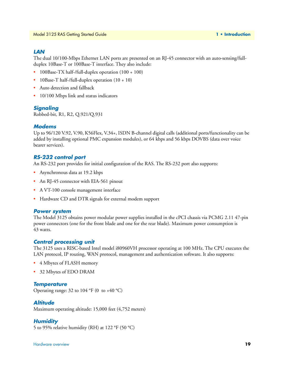 Patton electronic 3125 manual Signaling, Modems, RS-232 control port, Power system, Central processing unit, Temperature 