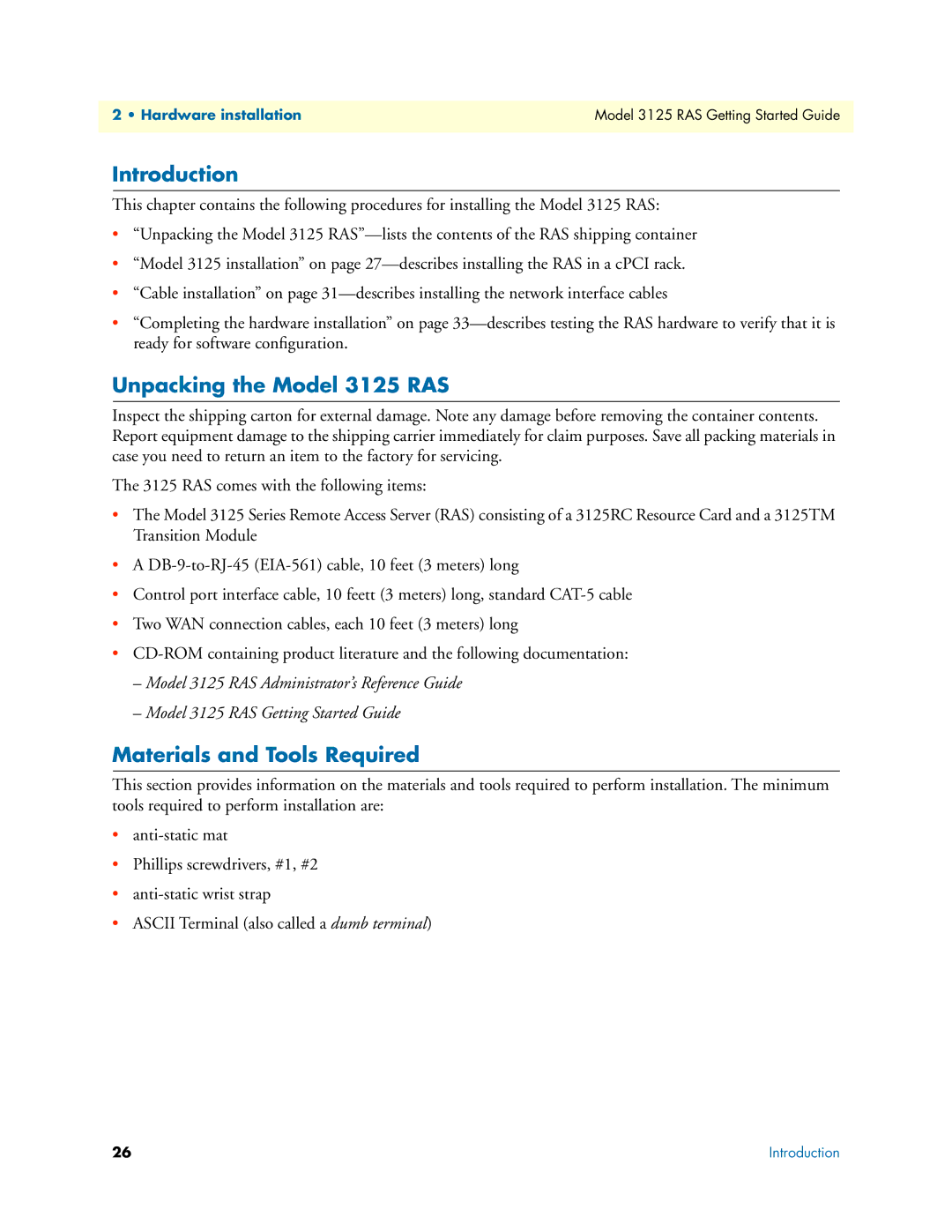 Patton electronic manual Introduction, Unpacking the Model 3125 RAS, Materials and Tools Required 