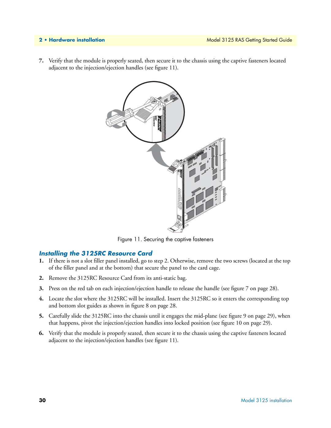 Patton electronic manual Installing the 3125RC Resource Card, Securing the captive fasteners 