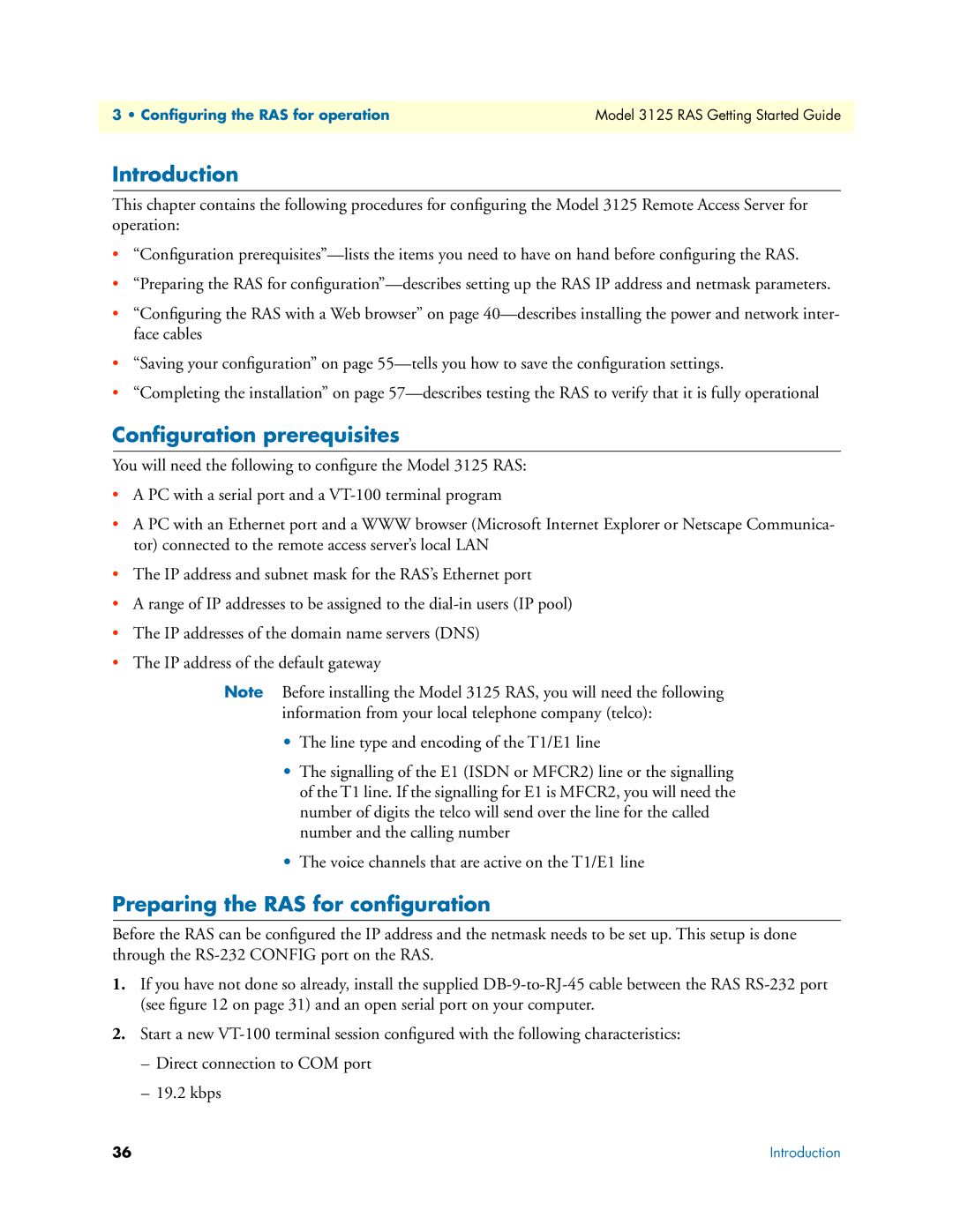 Patton electronic 3125 manual Conﬁguration prerequisites, Preparing the RAS for conﬁguration 