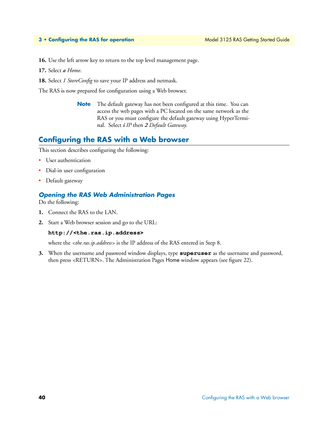 Patton electronic 3125 manual Conﬁguring the RAS with a Web browser, Opening the RAS Web Administration Pages 