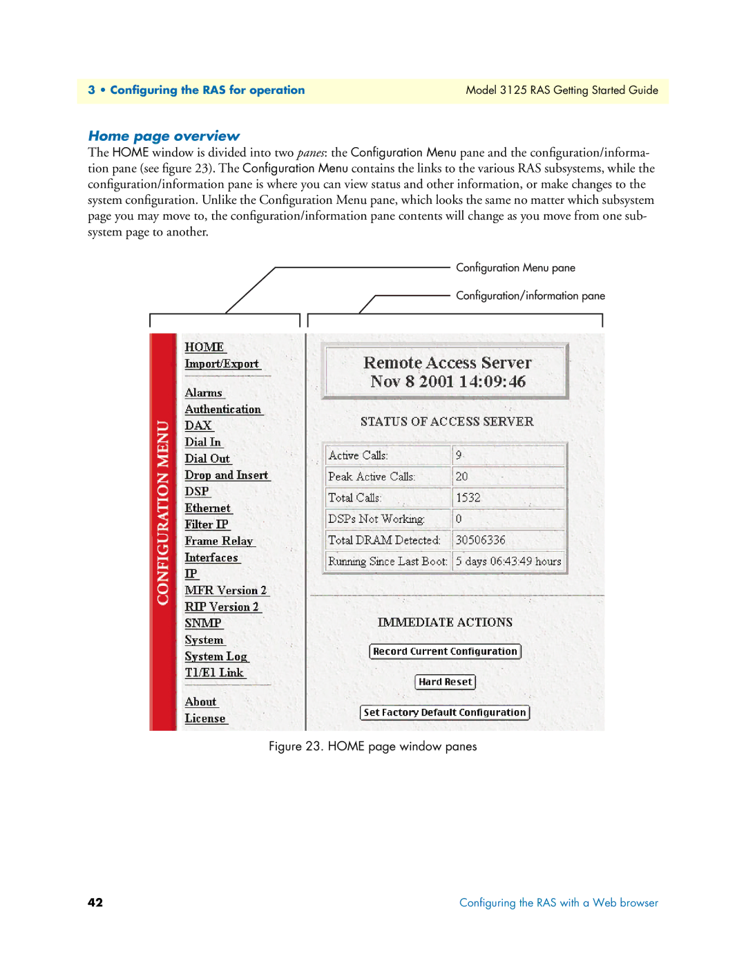 Patton electronic 3125 manual Home page overview, Home page window panes 