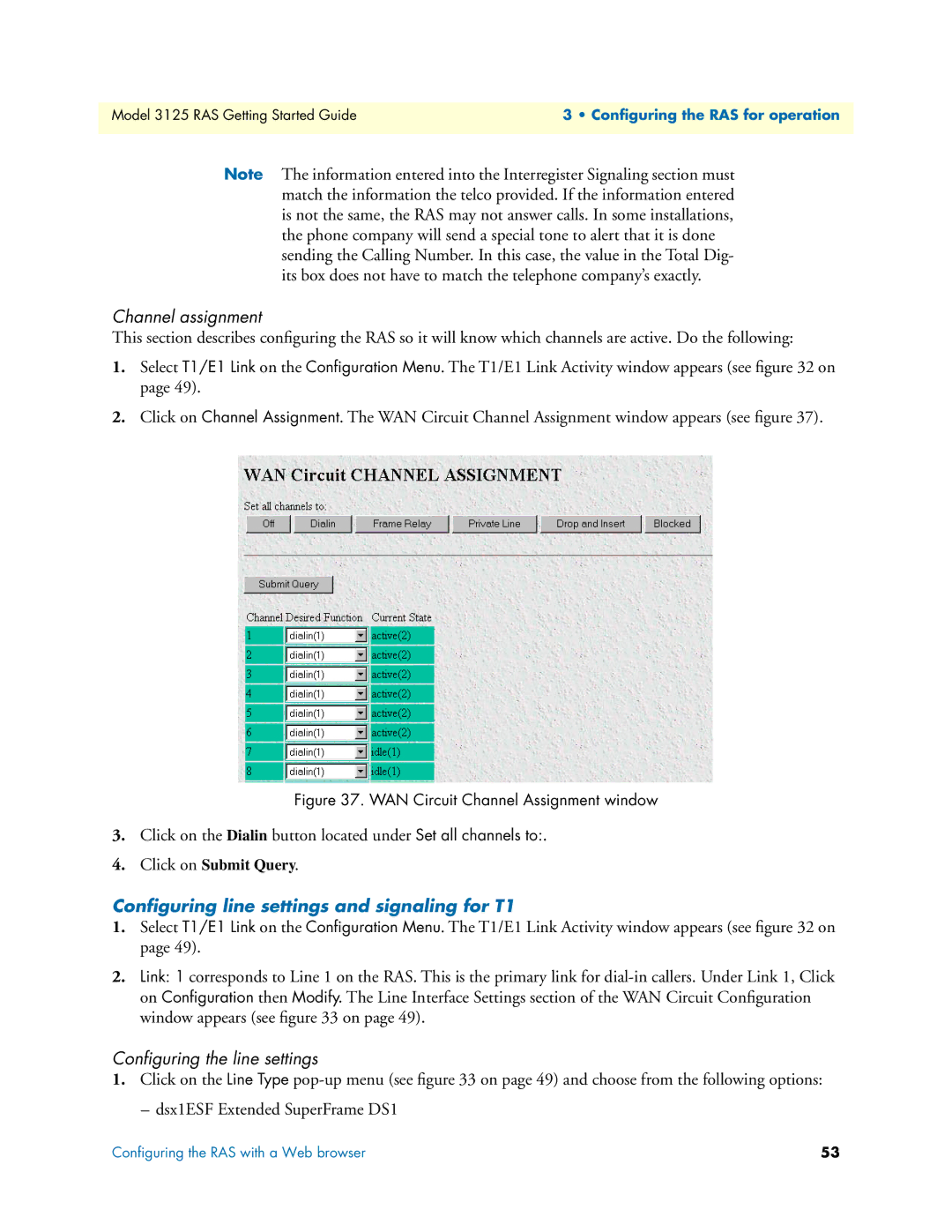 Patton electronic 3125 manual Channel assignment, Conﬁguring line settings and signaling for T1 