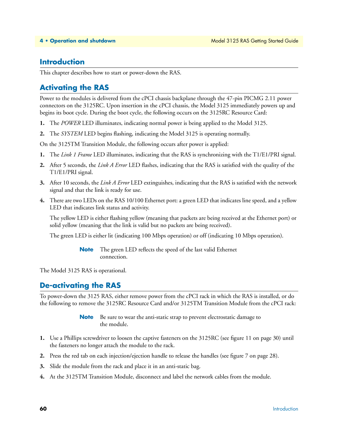 Patton electronic 3125 manual Activating the RAS, De-activating the RAS 