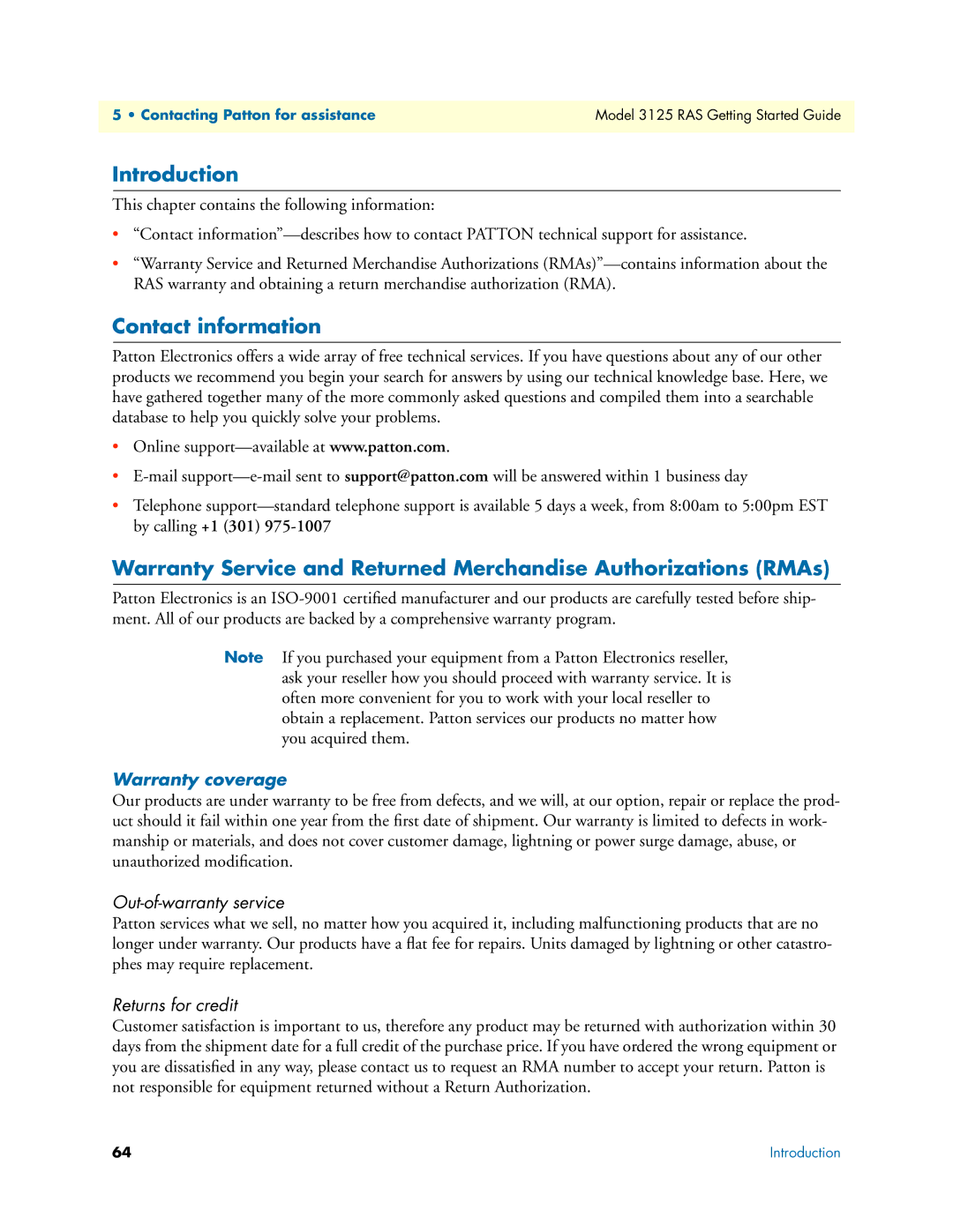 Patton electronic 3125 manual Contact information, Warranty coverage, Out-of-warranty service, Returns for credit 