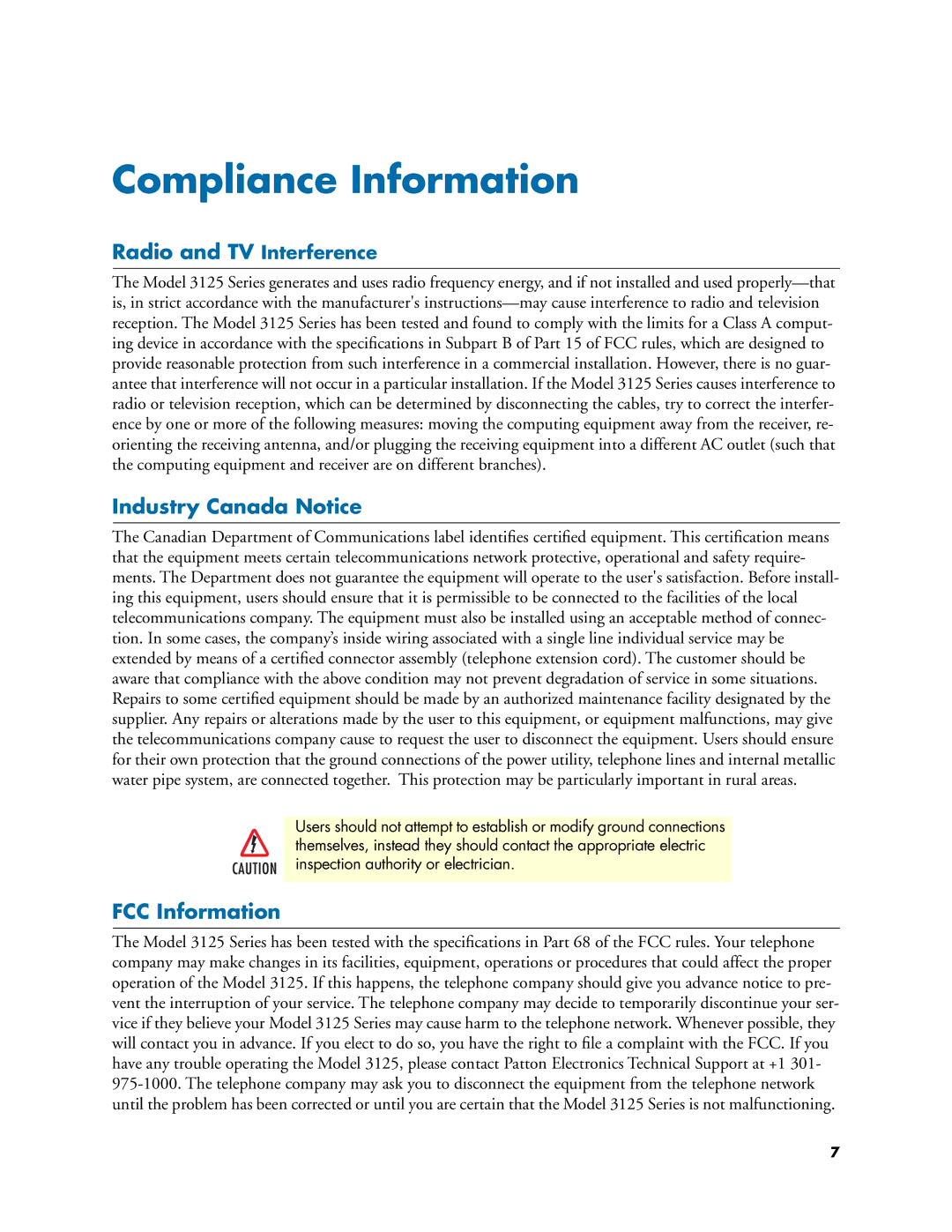 Patton electronic 3125 manual Radio and TV Interference, Industry Canada Notice, FCC Information 