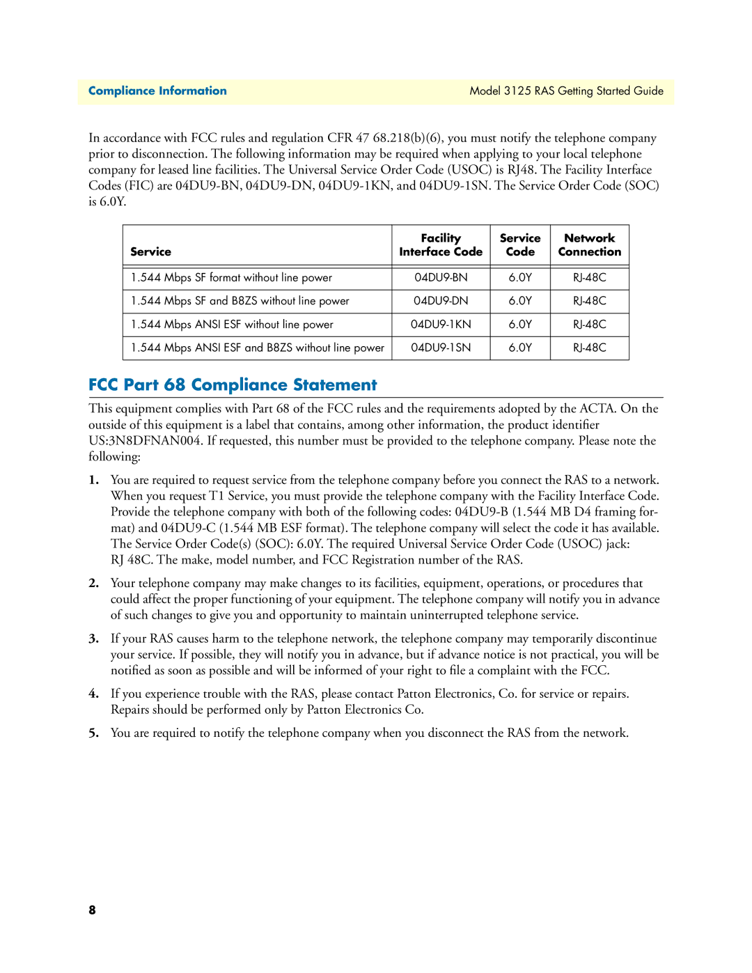 Patton electronic 3125 manual FCC Part 68 Compliance Statement, Facility Service Network Interface Code Connection 