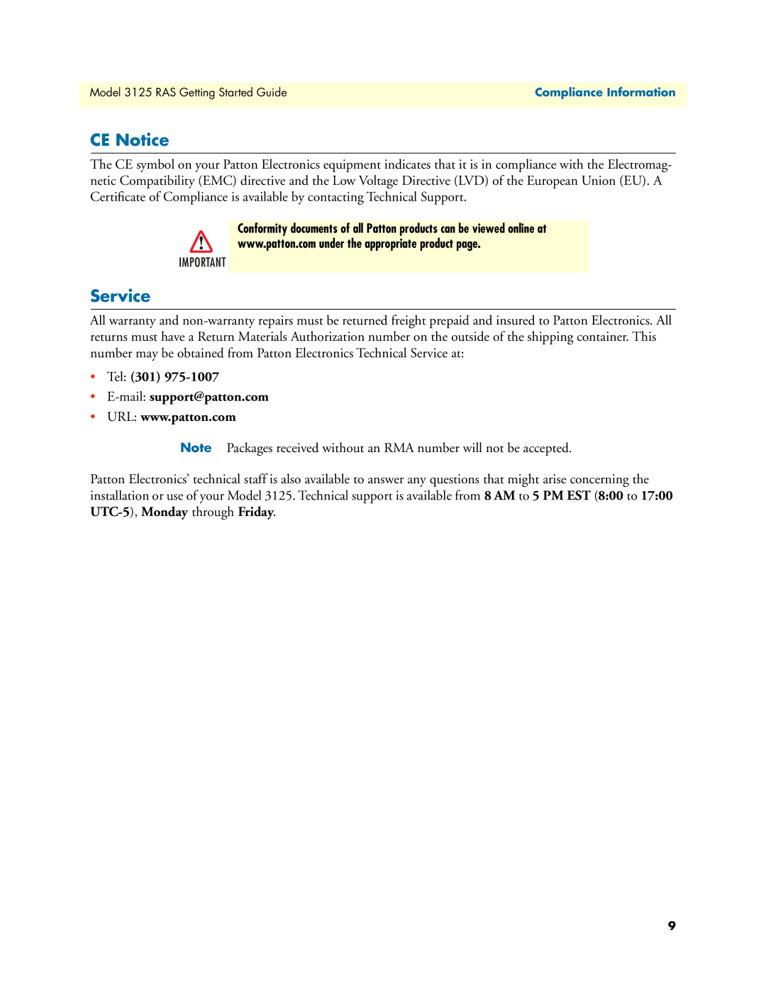 Patton electronic 3125 manual CE Notice, Service 