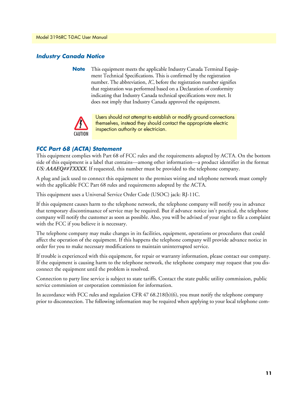 Patton electronic 3196RC user manual Industry Canada Notice, FCC Part 68 Acta Statement 