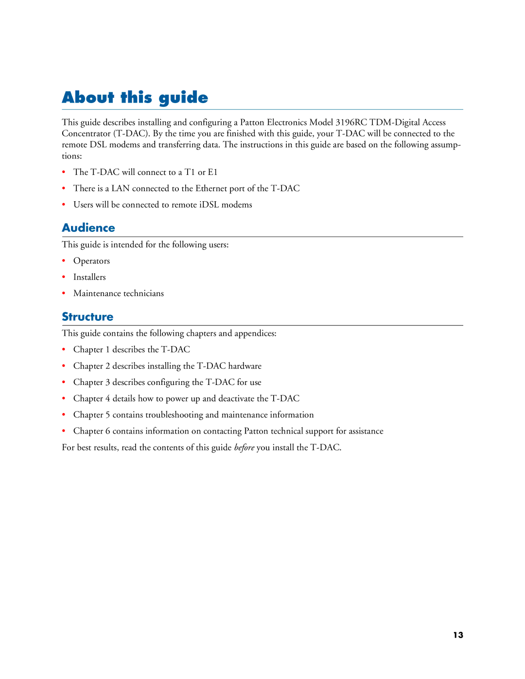 Patton electronic 3196RC user manual About this guide, Audience, Structure 