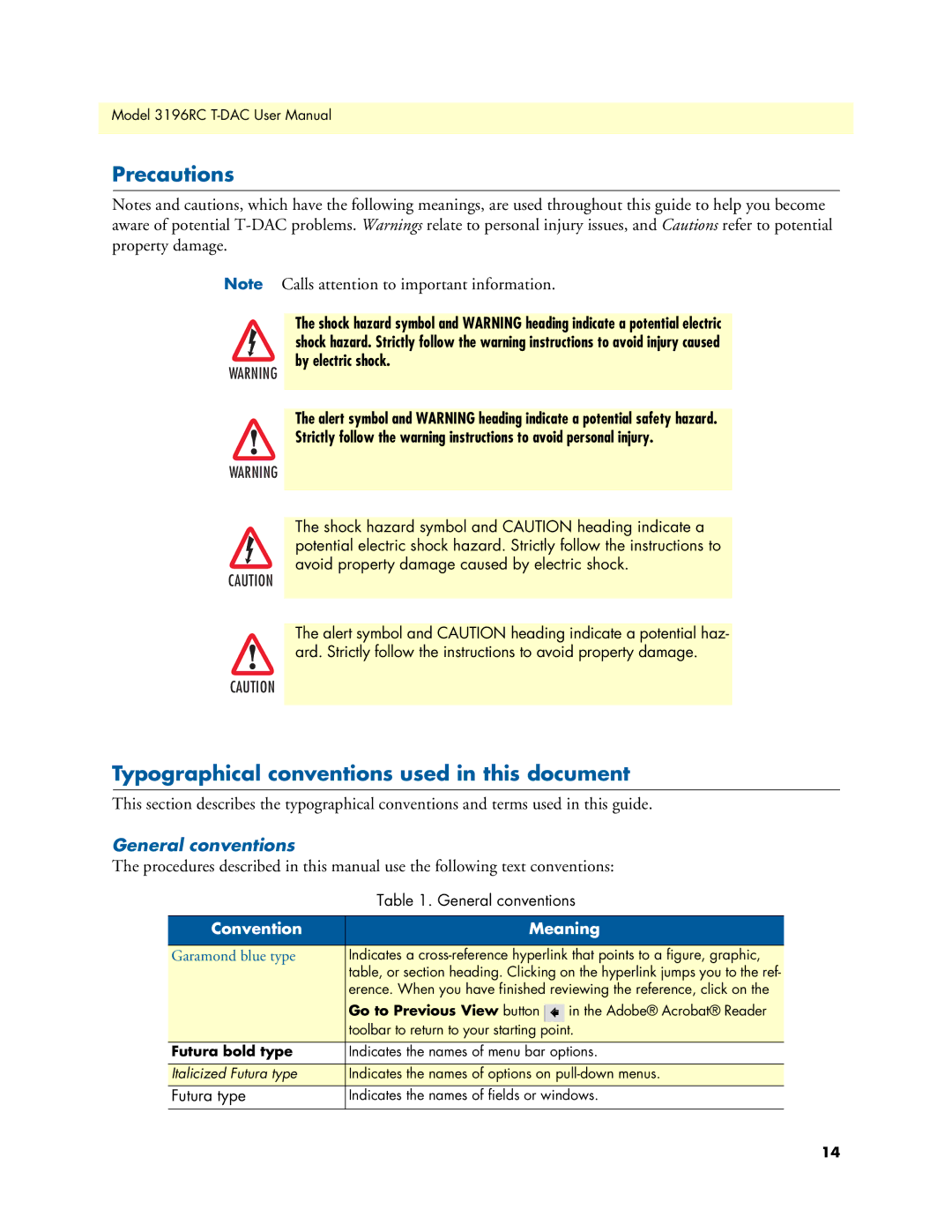 Patton electronic 3196RC user manual Precautions, Typographical conventions used in this document, General conventions 