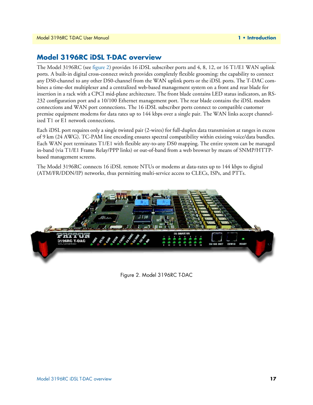 Patton electronic user manual Model 3196RC iDSL T-DAC overview, Model 3196RC T-DAC 