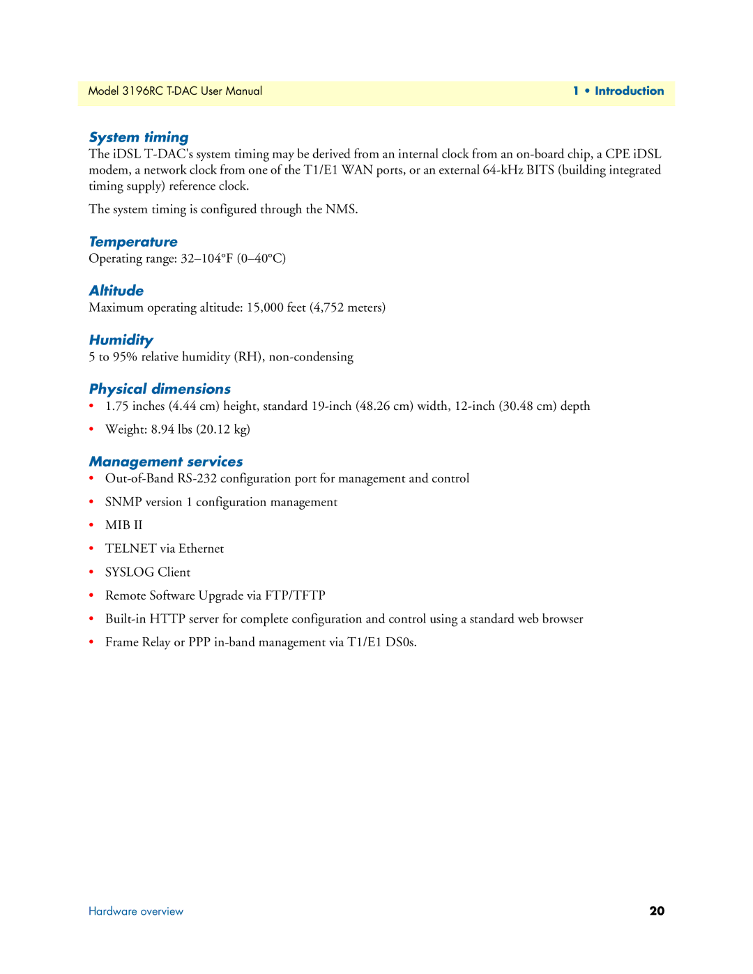 Patton electronic 3196RC System timing, Temperature, Altitude, Humidity, Physical dimensions, Management services 