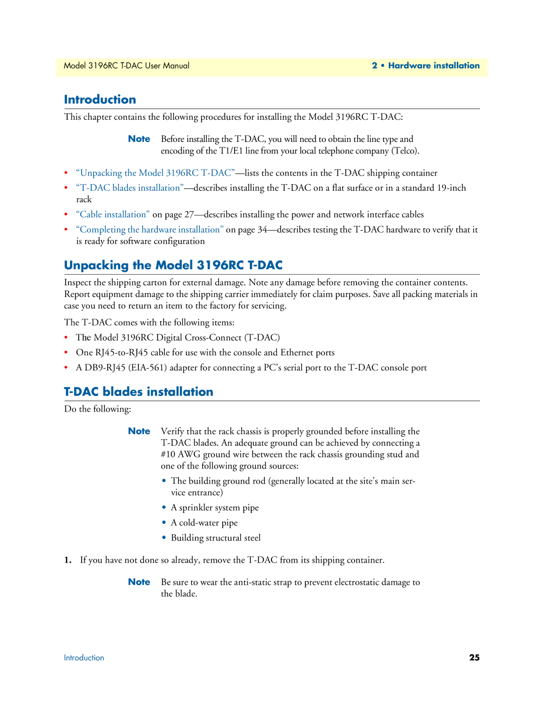 Patton electronic user manual Introduction, Unpacking the Model 3196RC T-DAC, DAC blades installation 