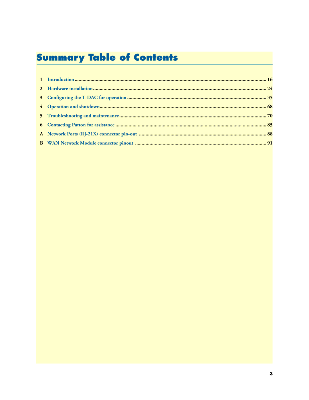 Patton electronic 3196RC user manual Summary Table of Contents 