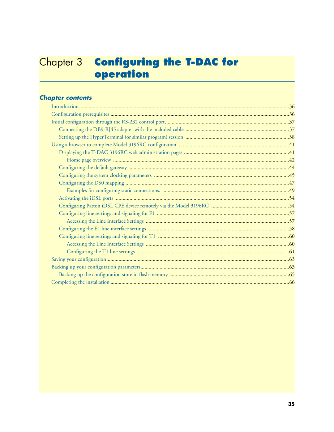 Patton electronic 3196RC user manual Configuring the T-DAC for Operation, Chapter contents 