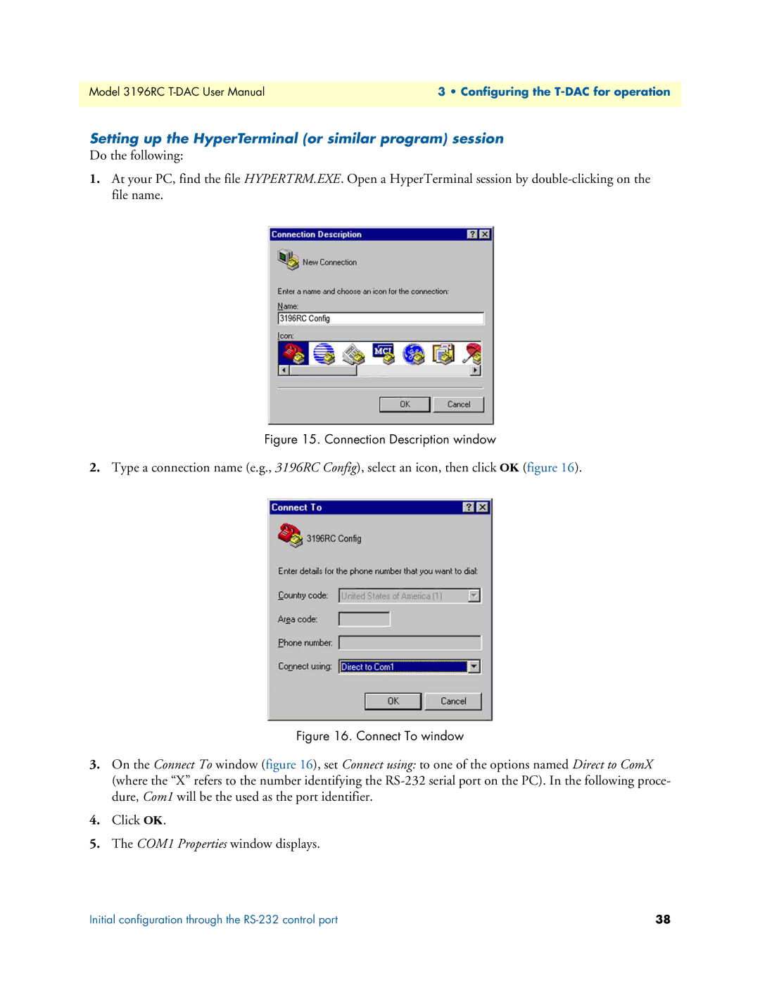 Patton electronic 3196RC user manual Setting up the HyperTerminal or similar program session, Connection Description window 