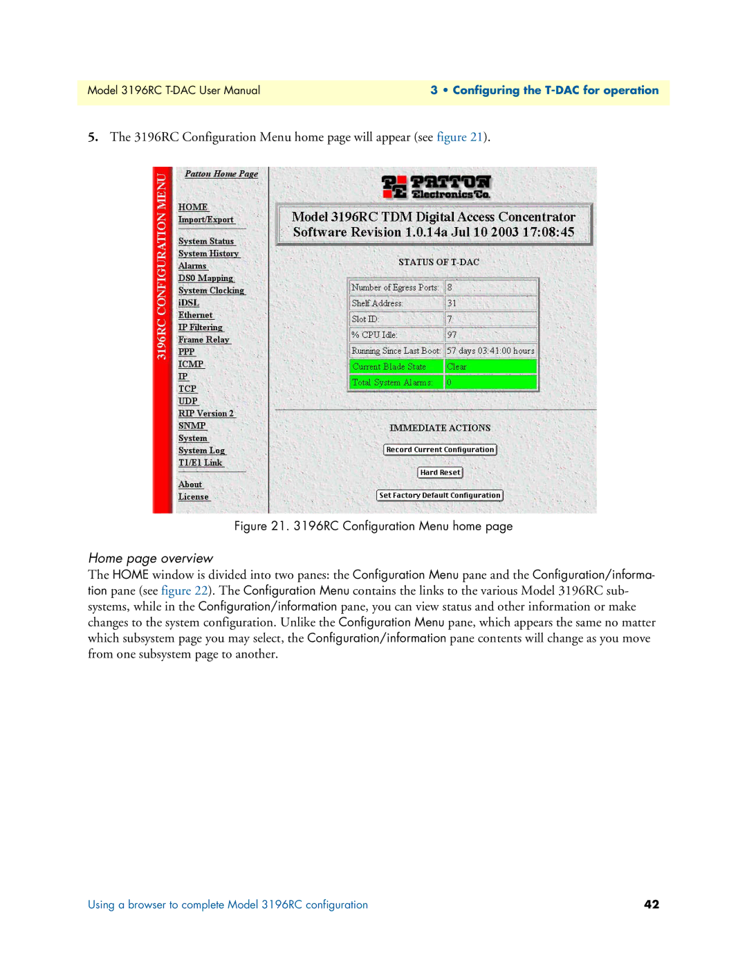 Patton electronic 3196RC user manual Home page overview, RC Configuration Menu home 