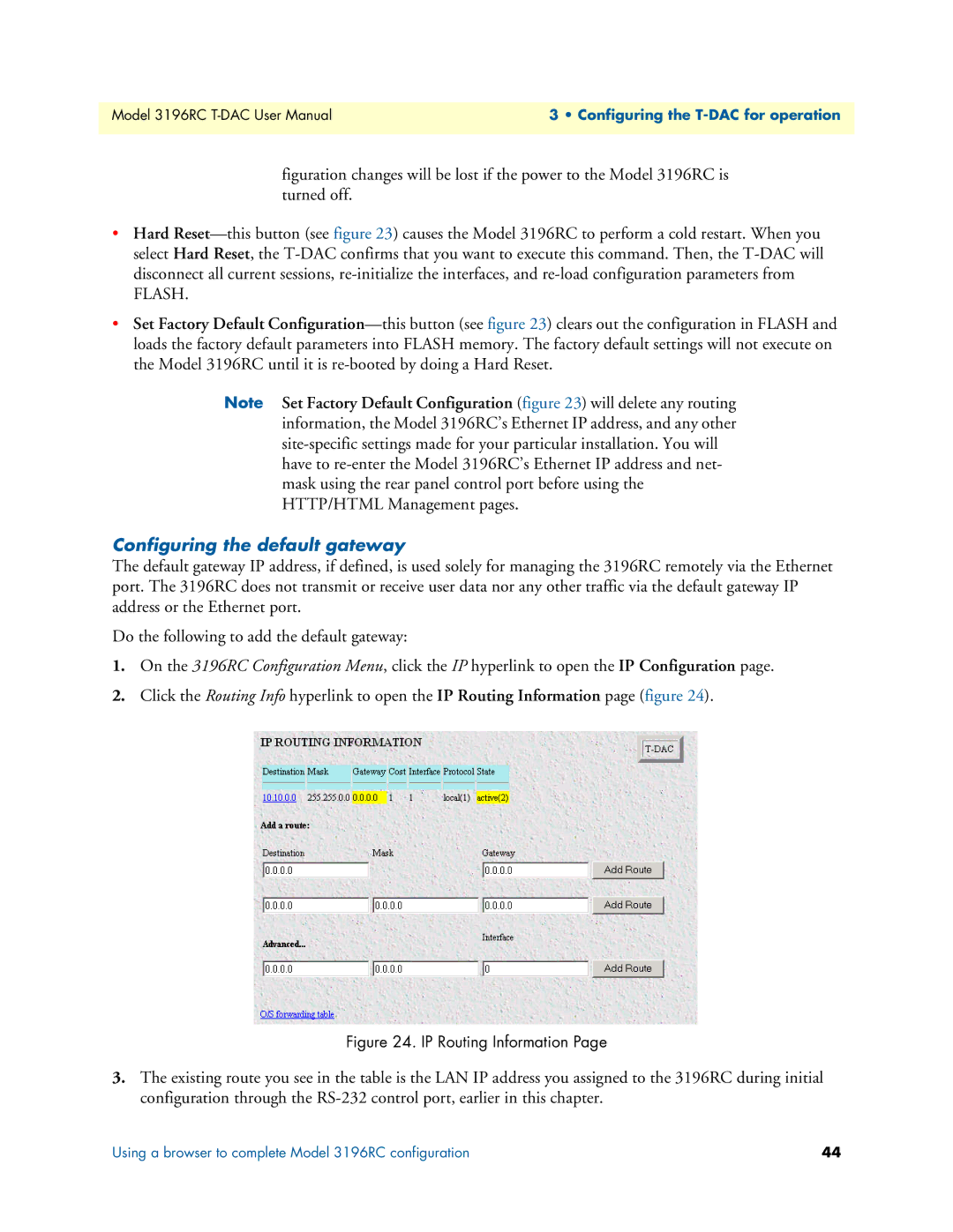 Patton electronic 3196RC user manual Flash, Configuring the default gateway 