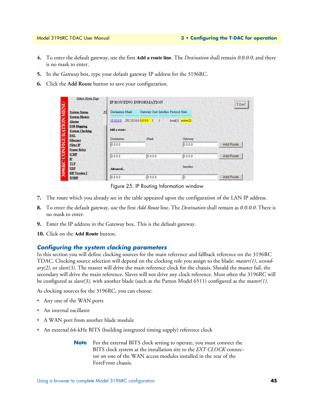 Patton electronic 3196RC user manual Configuring the system clocking parameters, IP Routing Information window 