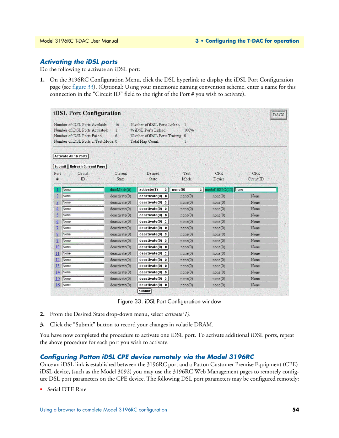 Patton electronic 3196RC user manual Activating the iDSL ports, IDSL Port Configuration window 