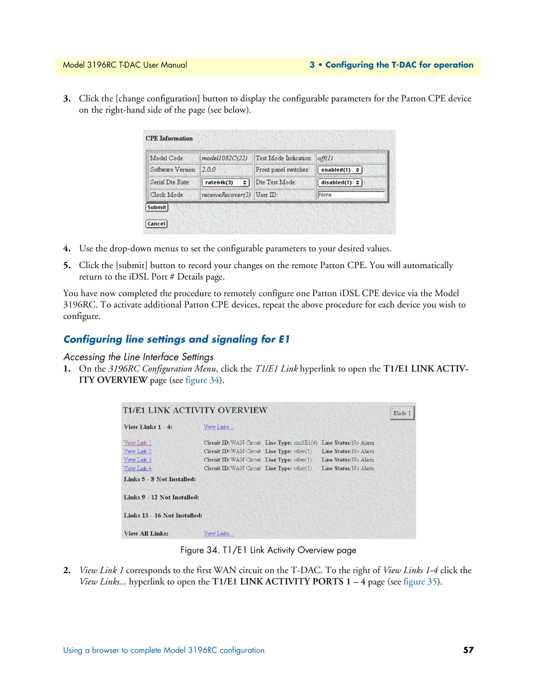 Patton electronic 3196RC user manual Configuring line settings and signaling for E1, Accessing the Line Interface Settings 