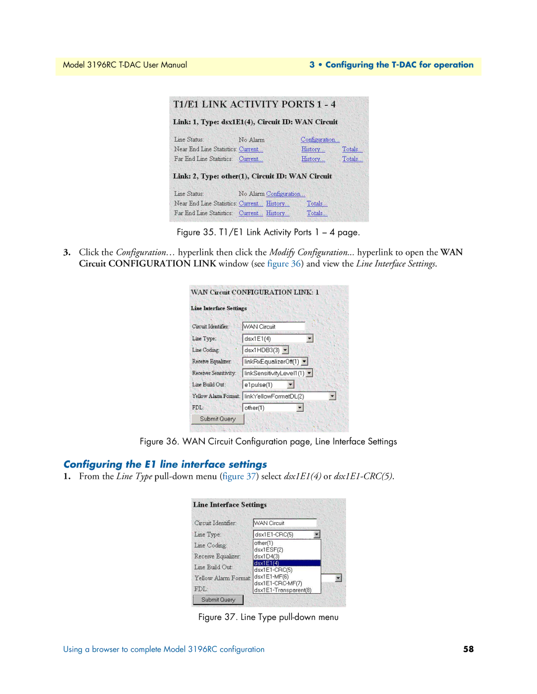 Patton electronic 3196RC user manual Configuring the E1 line interface settings, T1/E1 Link Activity Ports 1 4 