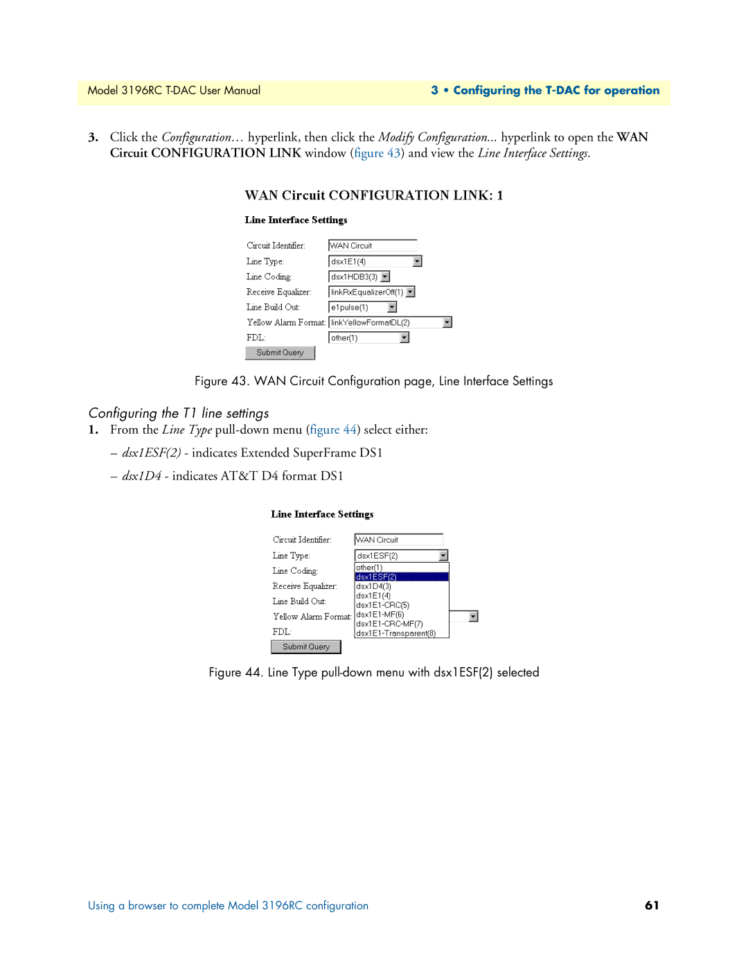 Patton electronic 3196RC user manual Configuring the T1 line settings, Line Type pull-down menu with dsx1ESF2 selected 