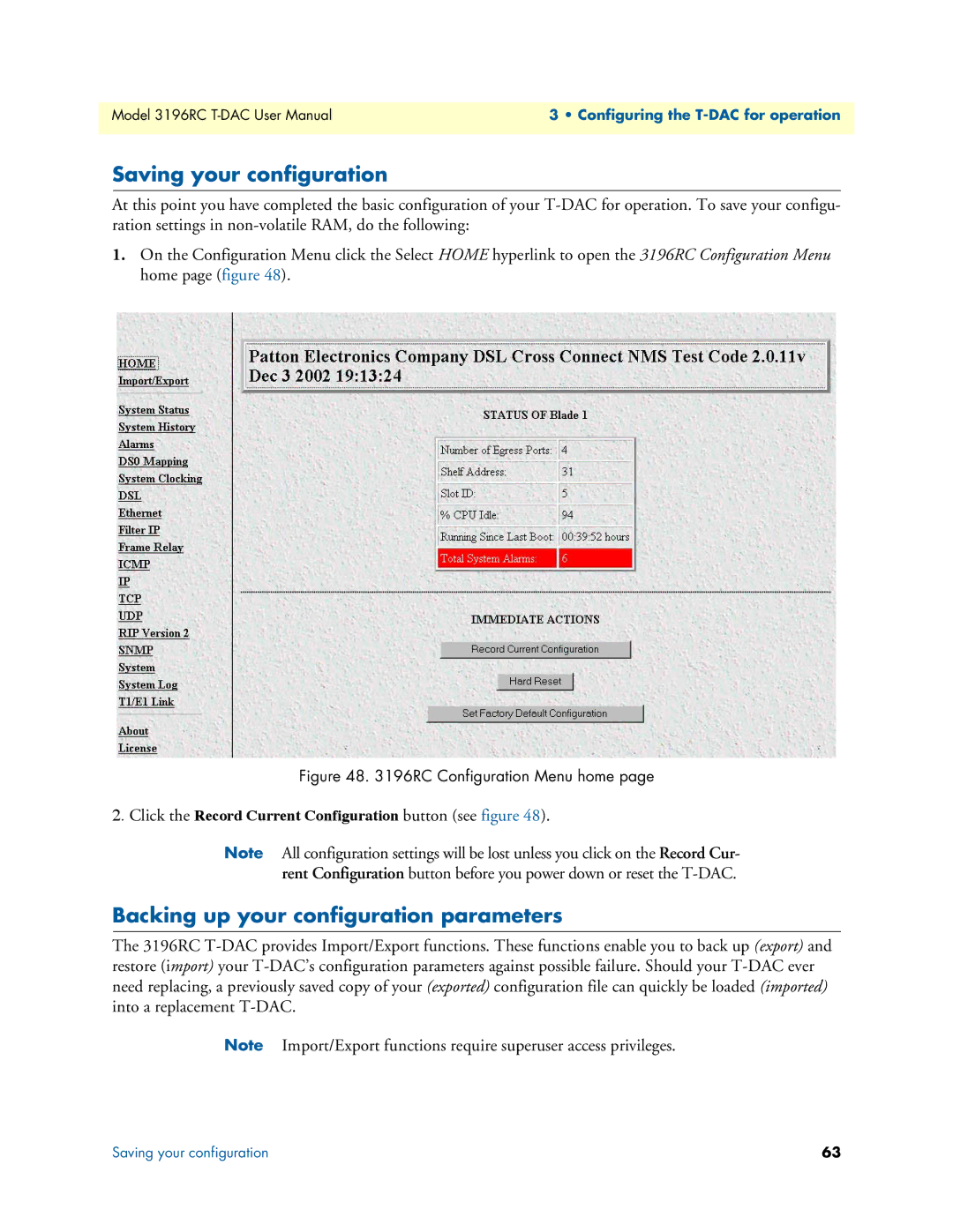 Patton electronic 3196RC user manual Saving your configuration, Backing up your configuration parameters 