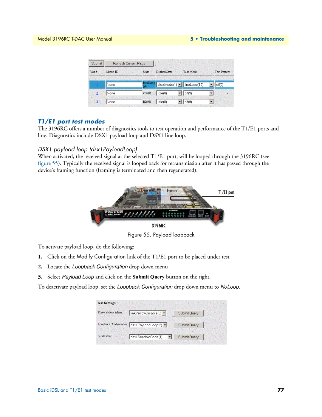 Patton electronic 3196RC user manual T1/E1 port test modes, DSX1 payload loop dsx1PayloadLoop 