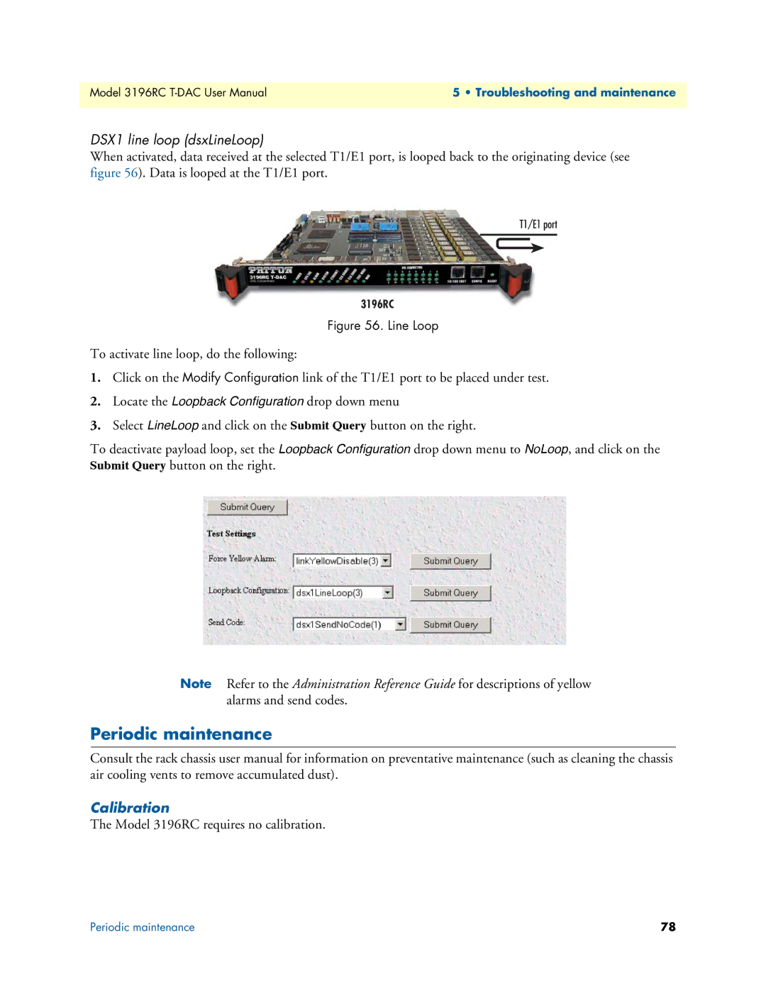 Patton electronic 3196RC user manual Periodic maintenance, DSX1 line loop dsxLineLoop, Calibration 