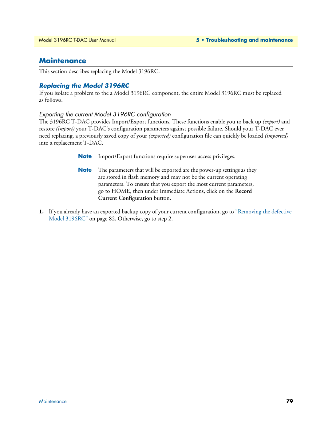 Patton electronic user manual Maintenance, Replacing the Model 3196RC, Exporting the current Model 3196RC configuration 