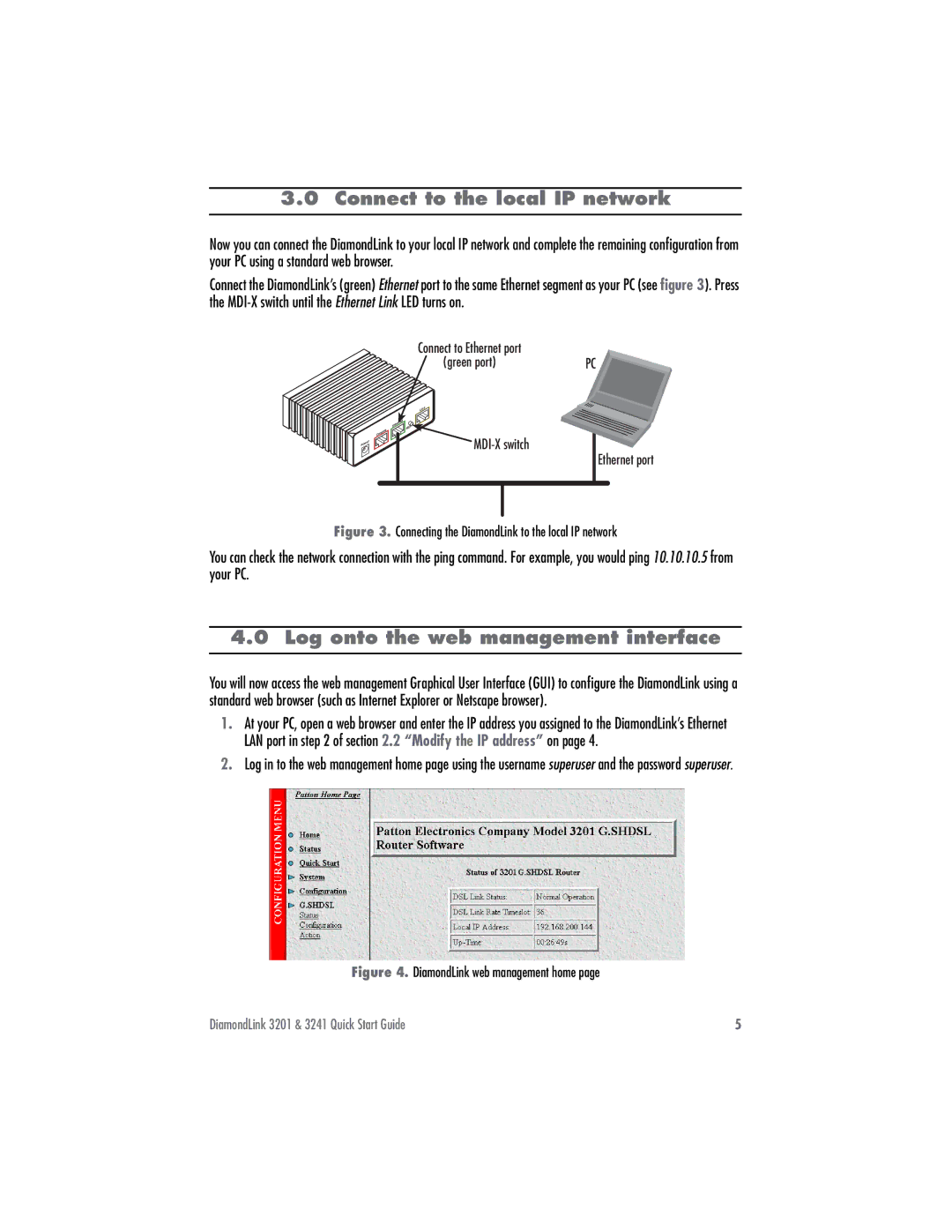 Patton electronic 3201 quick start Connect to the local IP network, Log onto the web management interface 