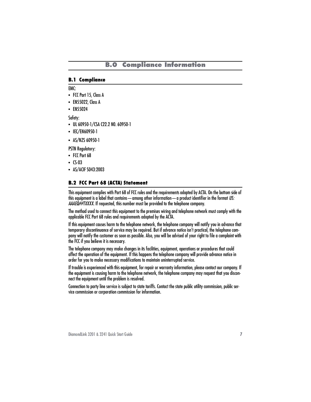 Patton electronic 3201 quick start Compliance Information, FCC Part 68 Acta Statement 