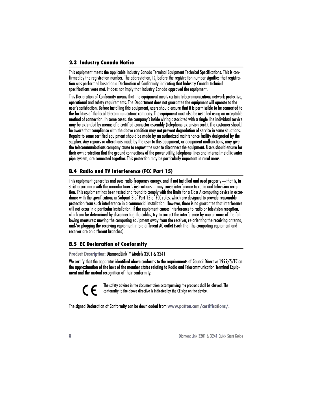 Patton electronic 3201 quick start Industry Canada Notice, Radio and TV Interference FCC Part, EC Declaration of Conformity 