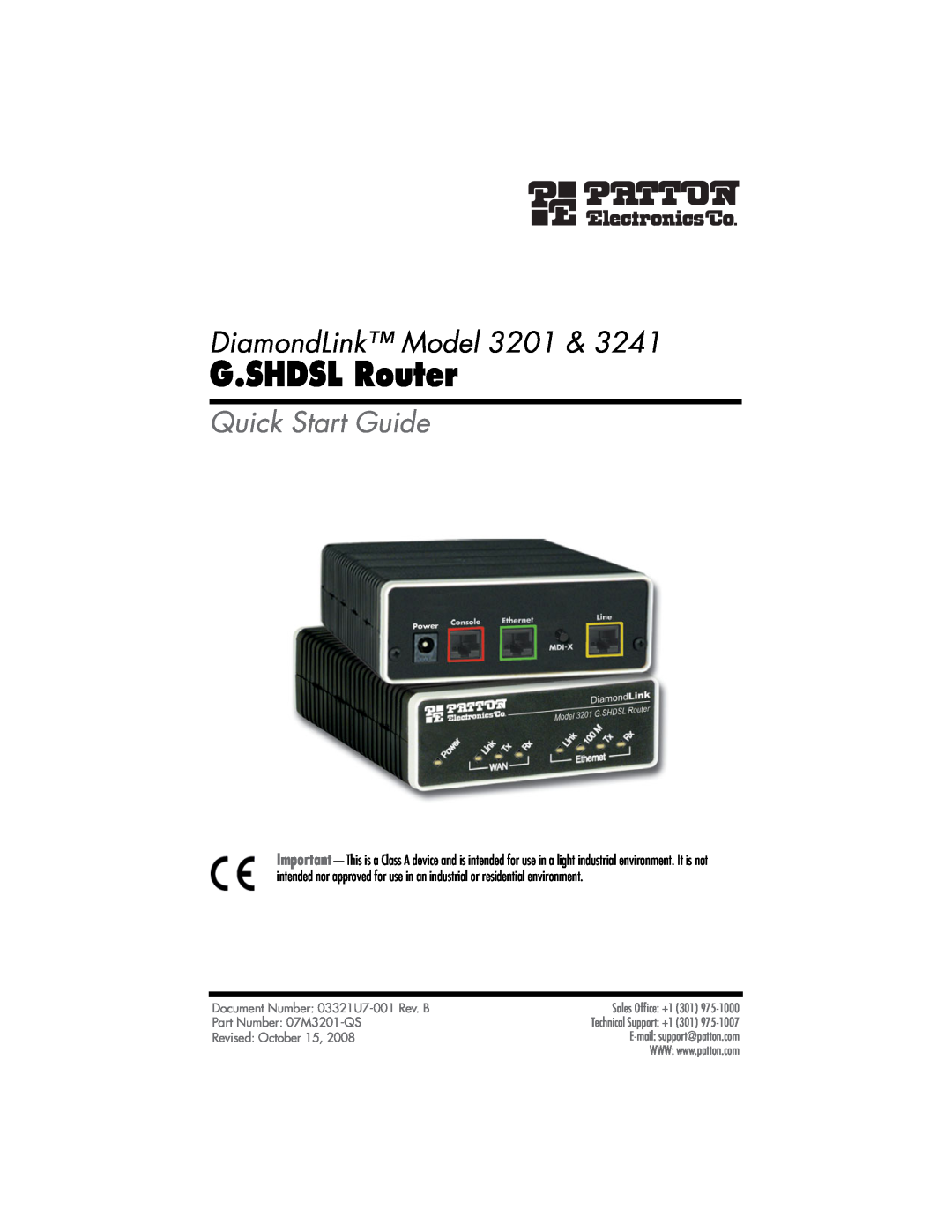 Patton electronic quick start G.SHDSL Router, DiamondLink Model 3201, Quick Start Guide, Part Number 07M3201-QS 