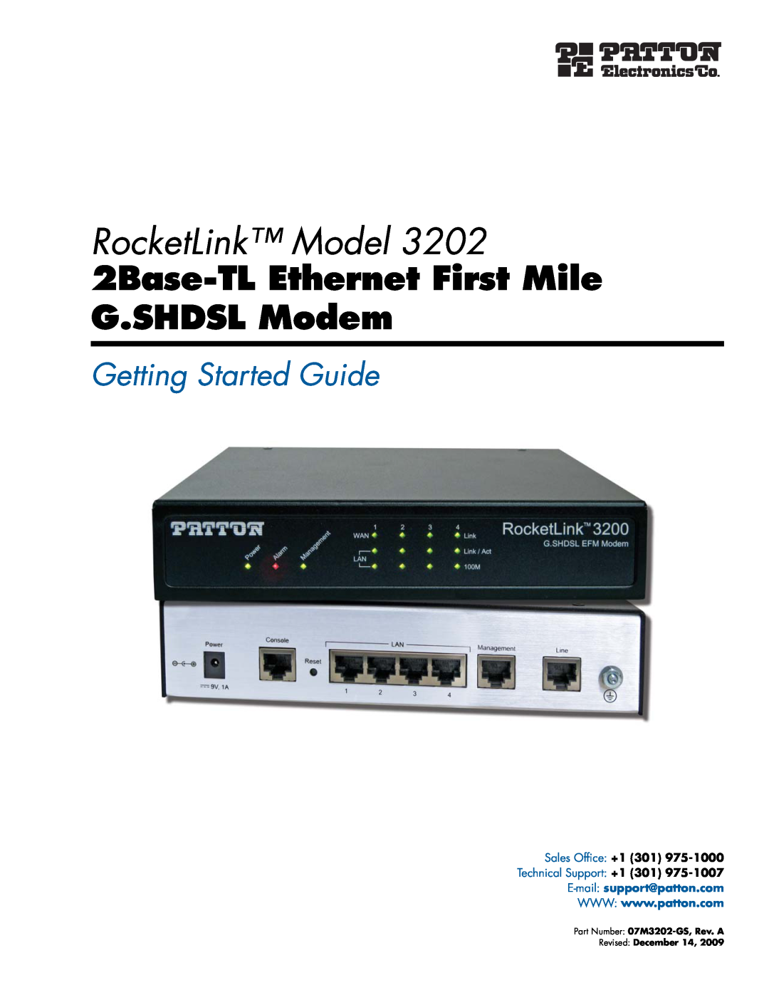Patton electronic 3202 manual RocketLink Model, 2Base-TL Ethernet First Mile G.SHDSL Modem, Getting Started Guide 
