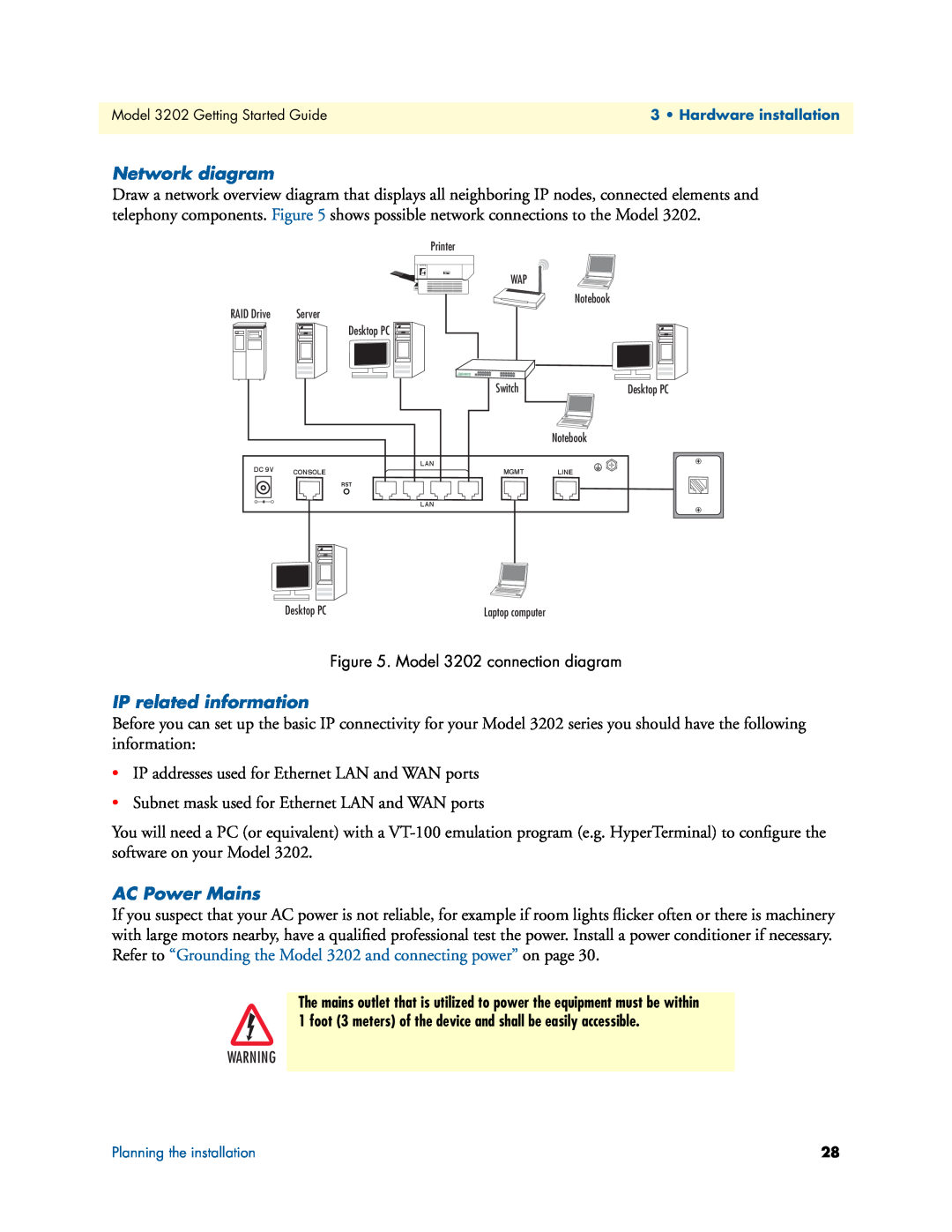 Patton electronic 3202 manual Network diagram, IP related information, AC Power Mains 