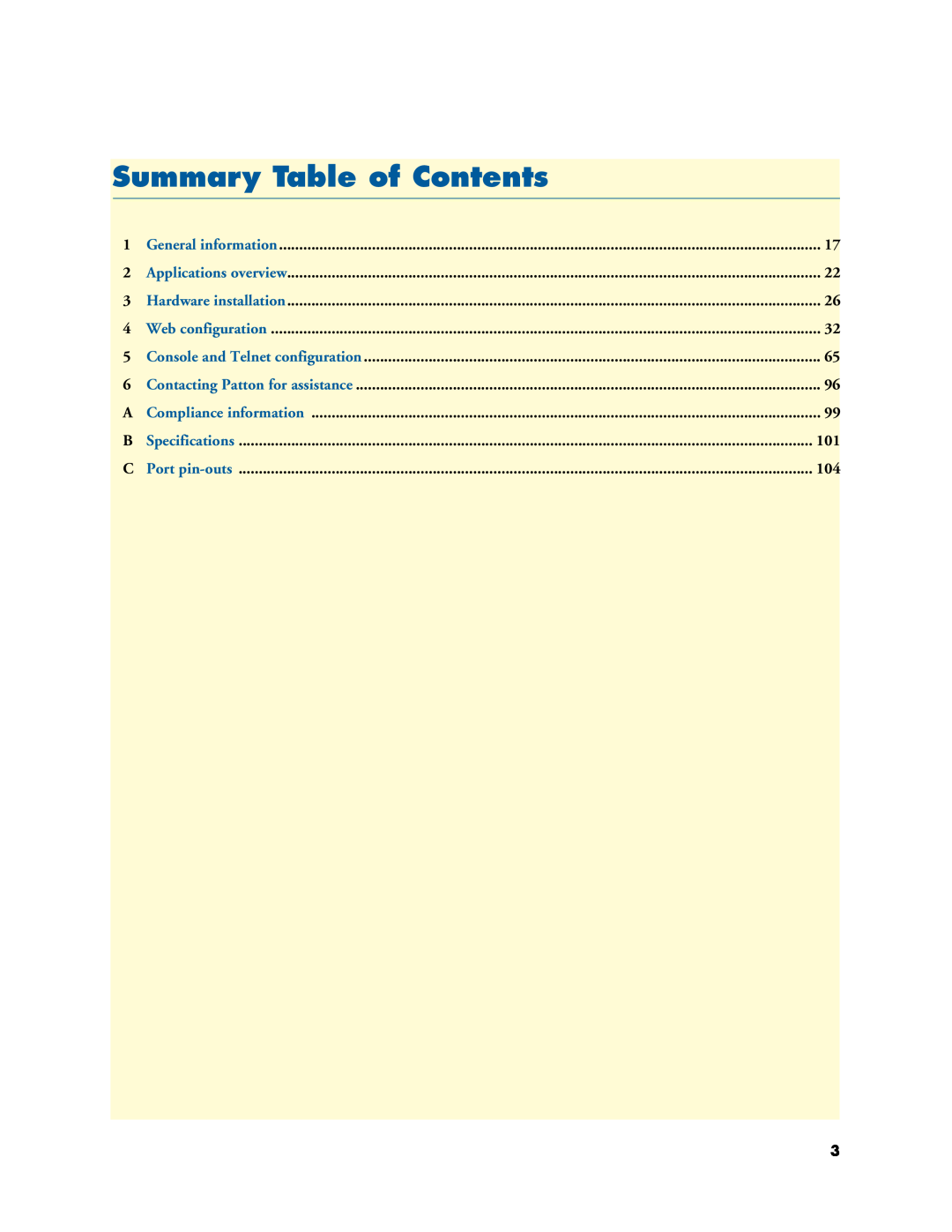Patton electronic 3202 manual Summary Table of Contents 