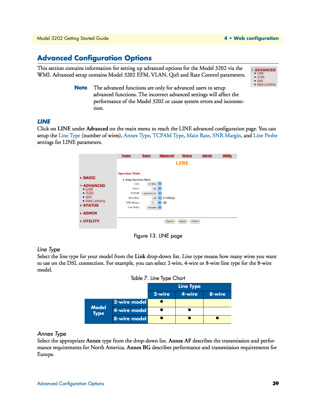 Patton electronic 3202 manual Advanced Conﬁguration Options, Line Type, Annex Type 