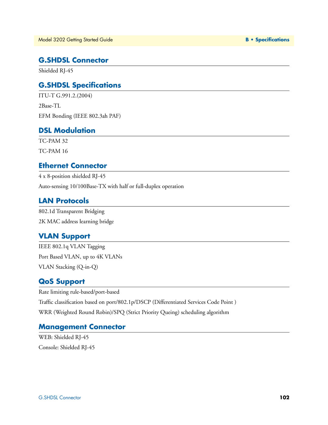 Patton electronic 3202 manual Shdsl Connector, Shdsl Speciﬁcations, DSL Modulation, Ethernet Connector, LAN Protocols 