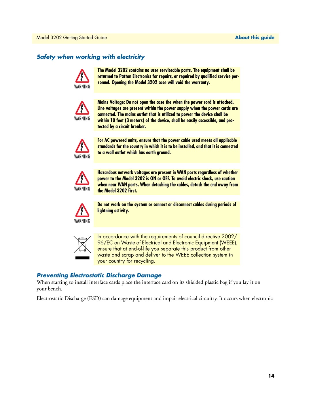 Patton electronic Safety when working with electricity, Preventing Electrostatic Discharge Damage, Model 3202 ﬁrst 