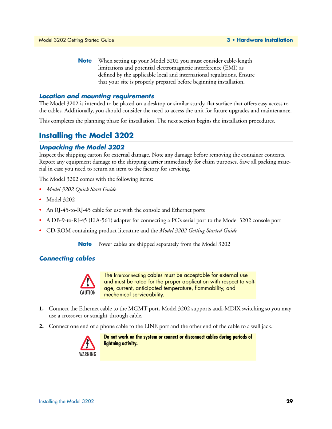 Patton electronic 3202 Installing the Model, Location and mounting requirements, Unpacking the Model, Connecting cables 