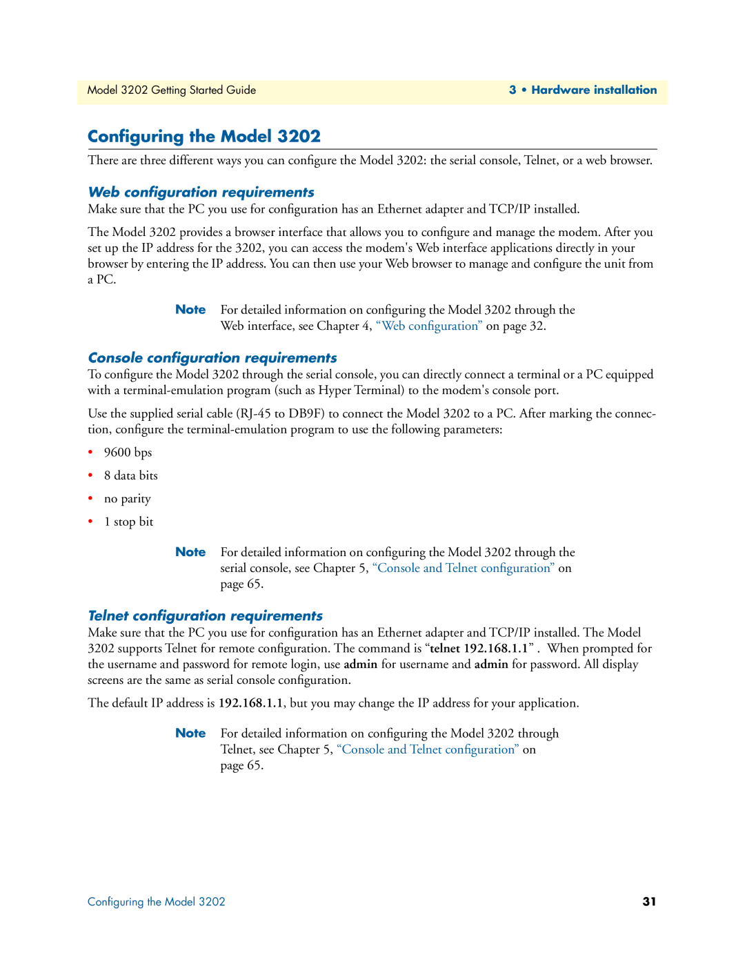 Patton electronic 3202 manual Conﬁguring the Model, Web conﬁguration requirements, Console conﬁguration requirements 