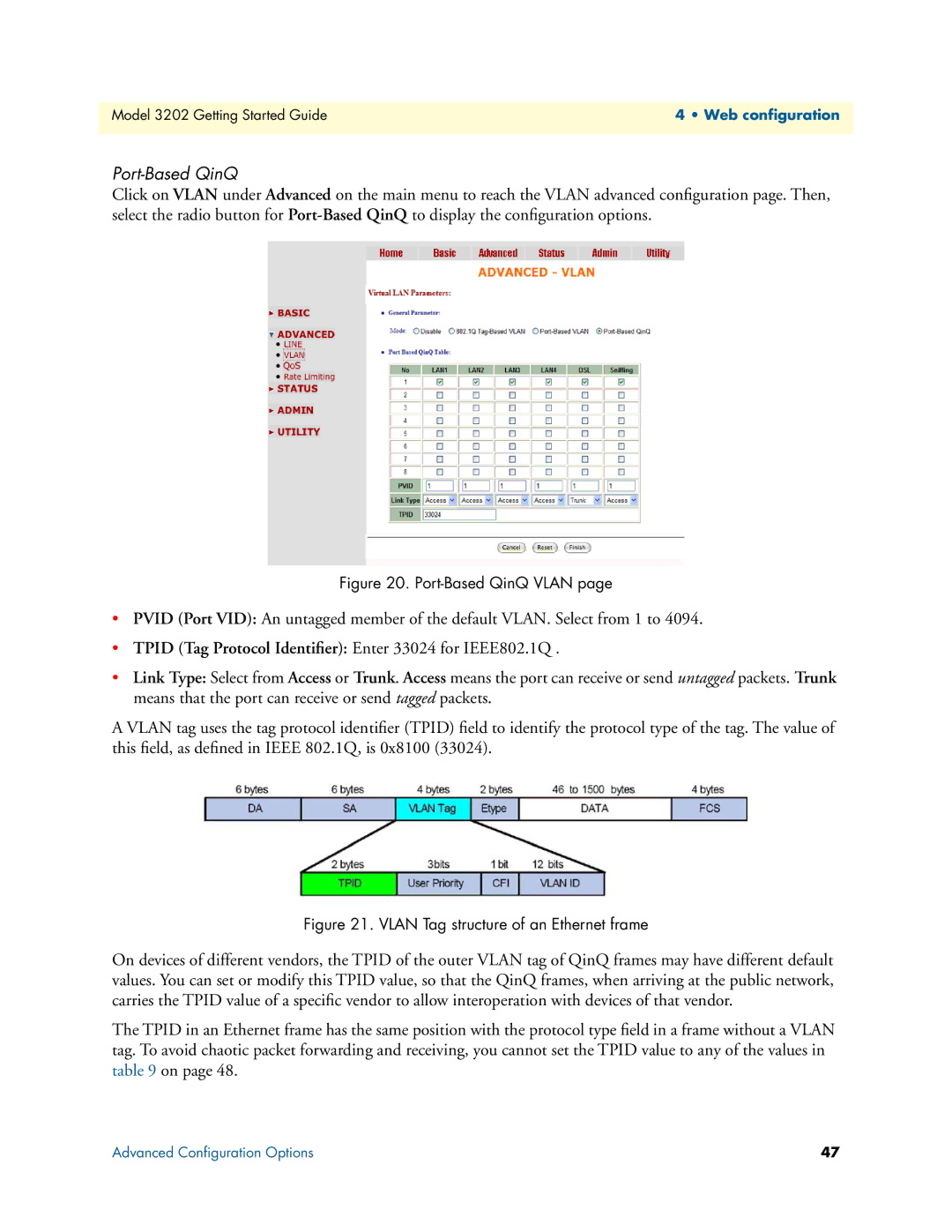 Patton electronic 3202 manual Port-Based QinQ, Tpid Tag Protocol Identiﬁer Enter 33024 for IEEE802.1Q 