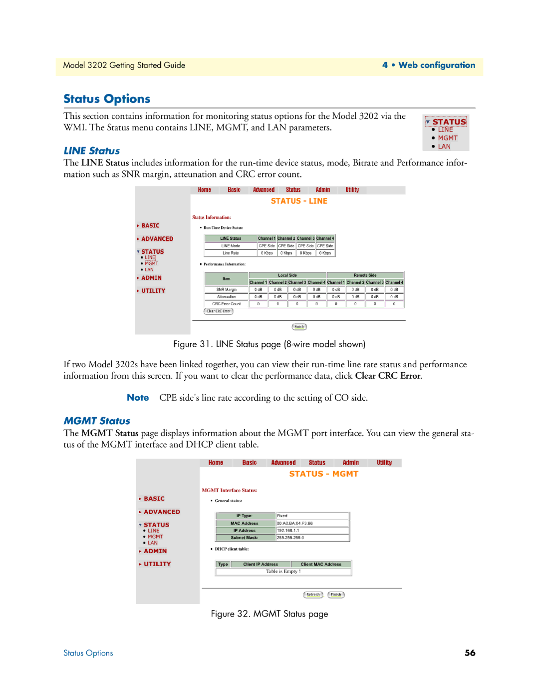 Patton electronic 3202 manual Status Options, Line Status, Mgmt Status 