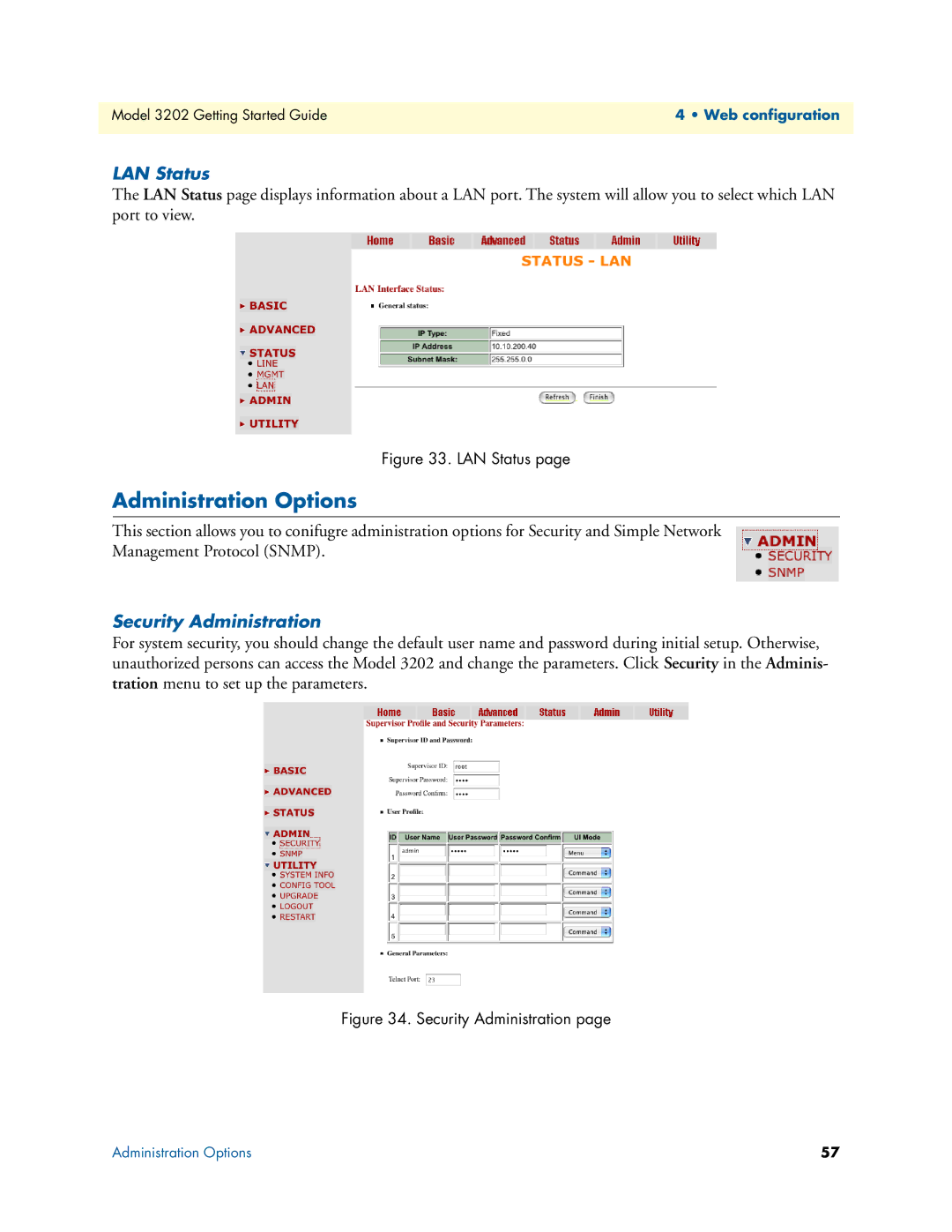 Patton electronic 3202 manual Administration Options, LAN Status, Security Administration 