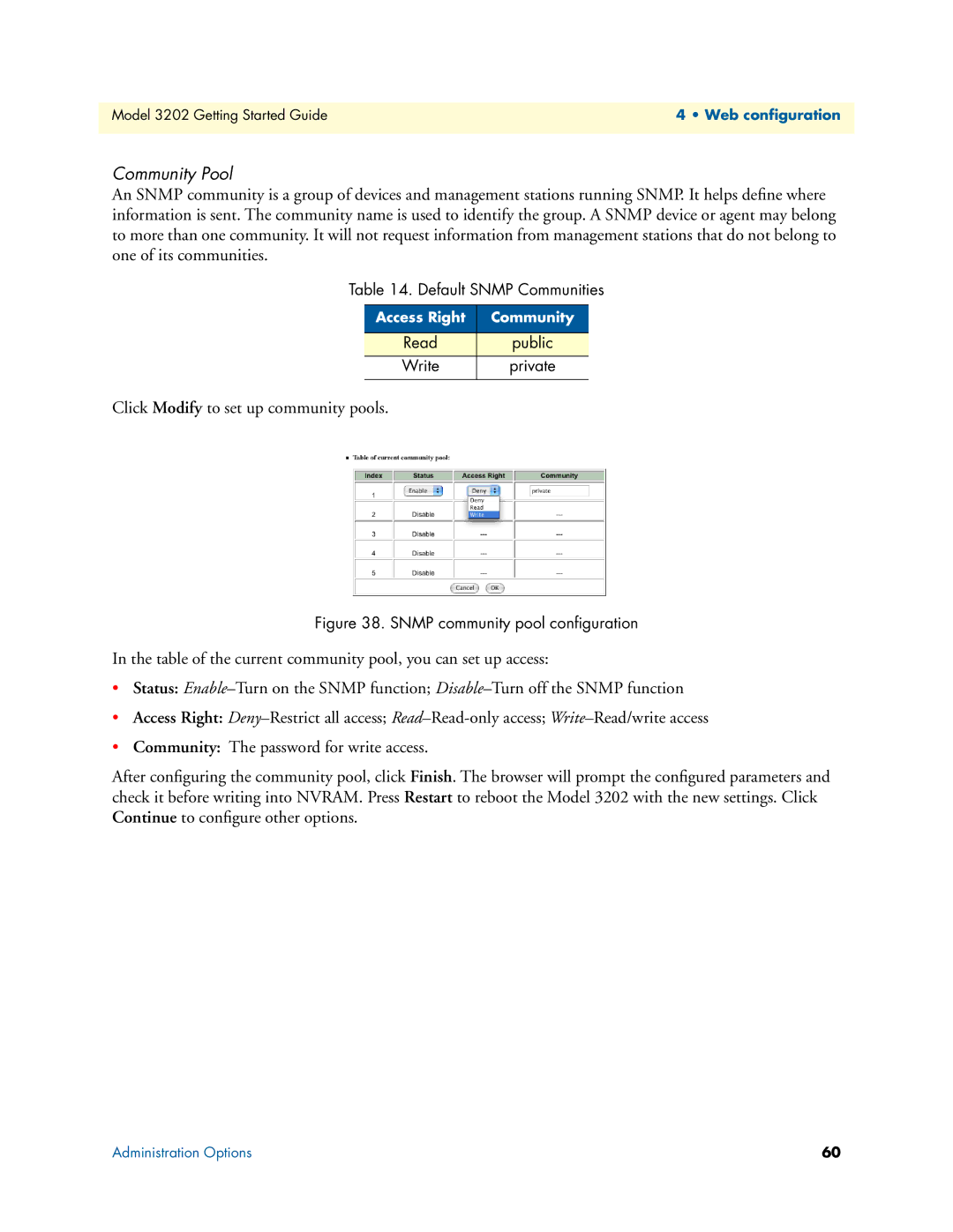 Patton electronic 3202 manual Community Pool, Snmp community pool conﬁguration 