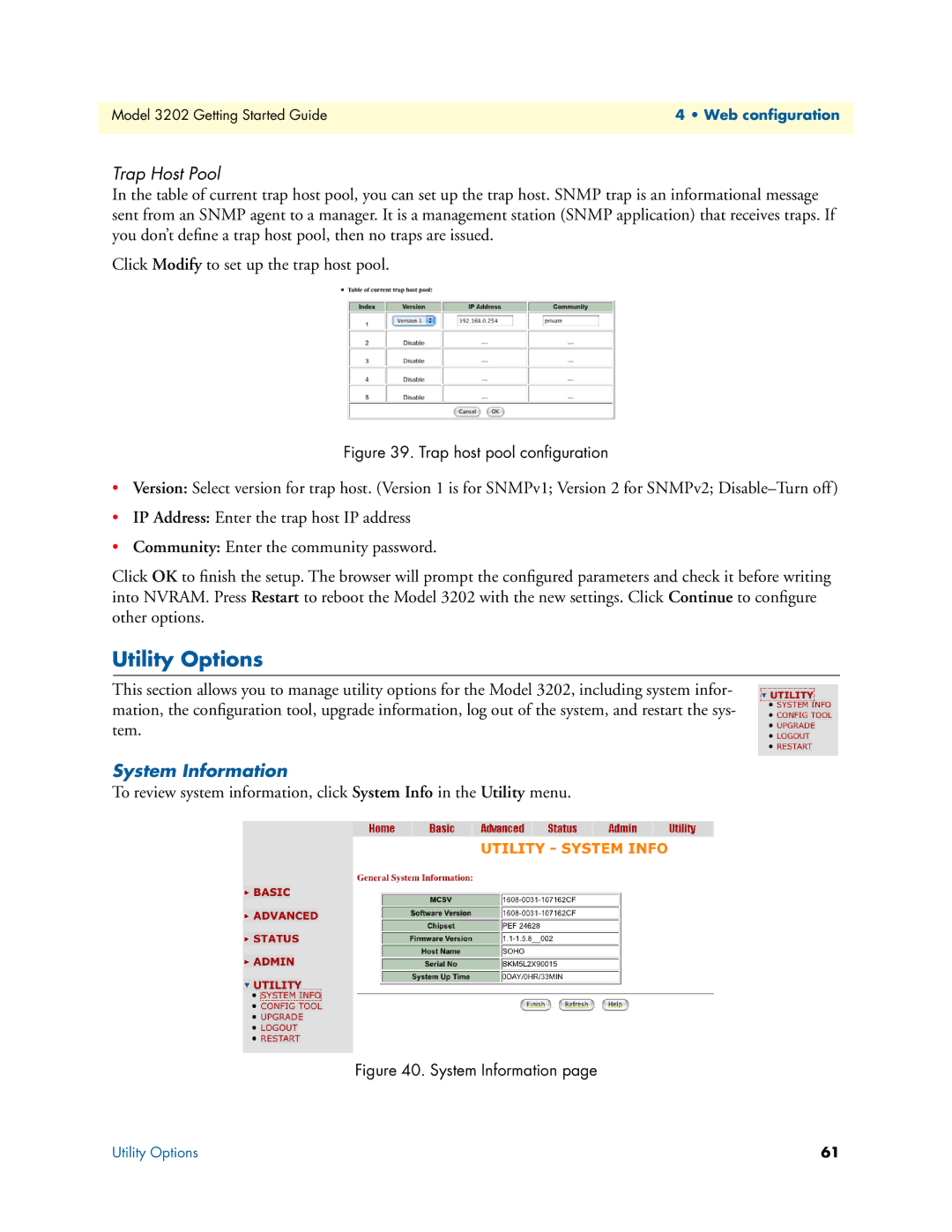 Patton electronic 3202 manual Utility Options, Trap Host Pool, System Information 